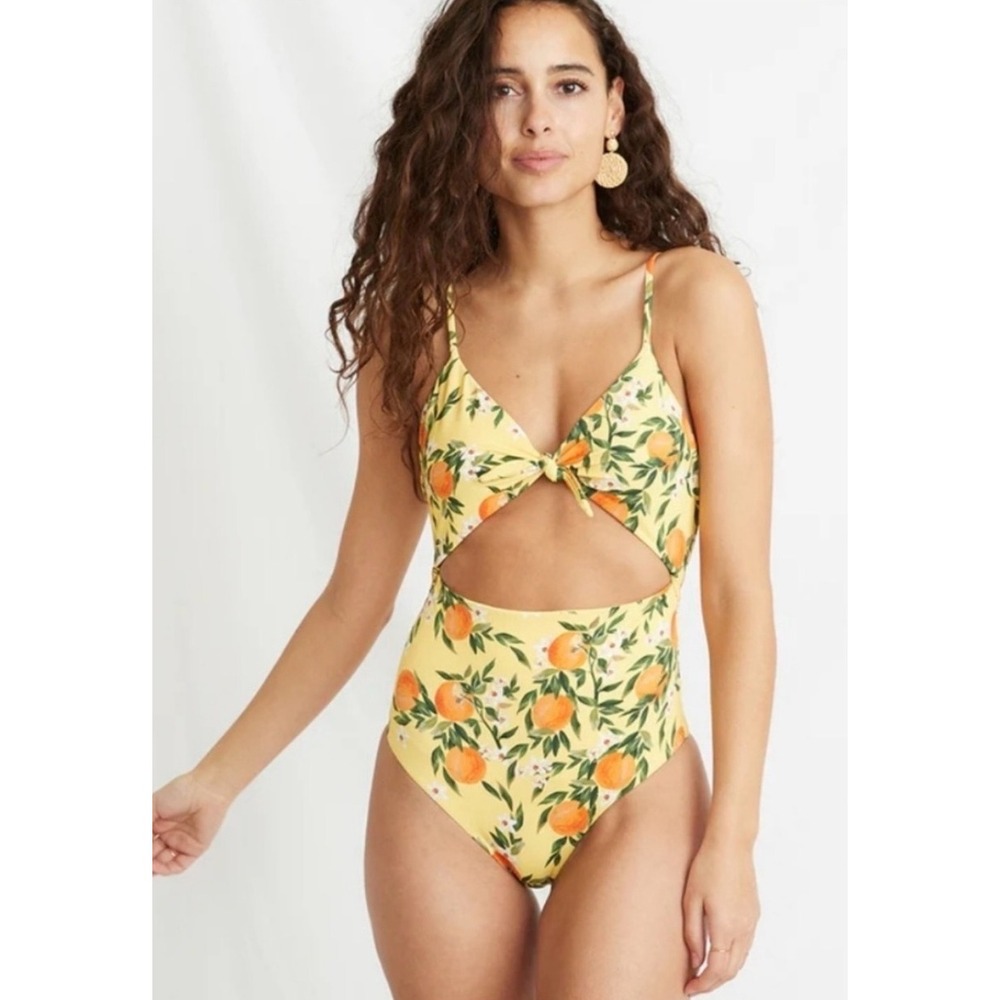 Marine Layer One Piece Swimsuit Women Medium Yellow Orange Citrus Floral Cutout